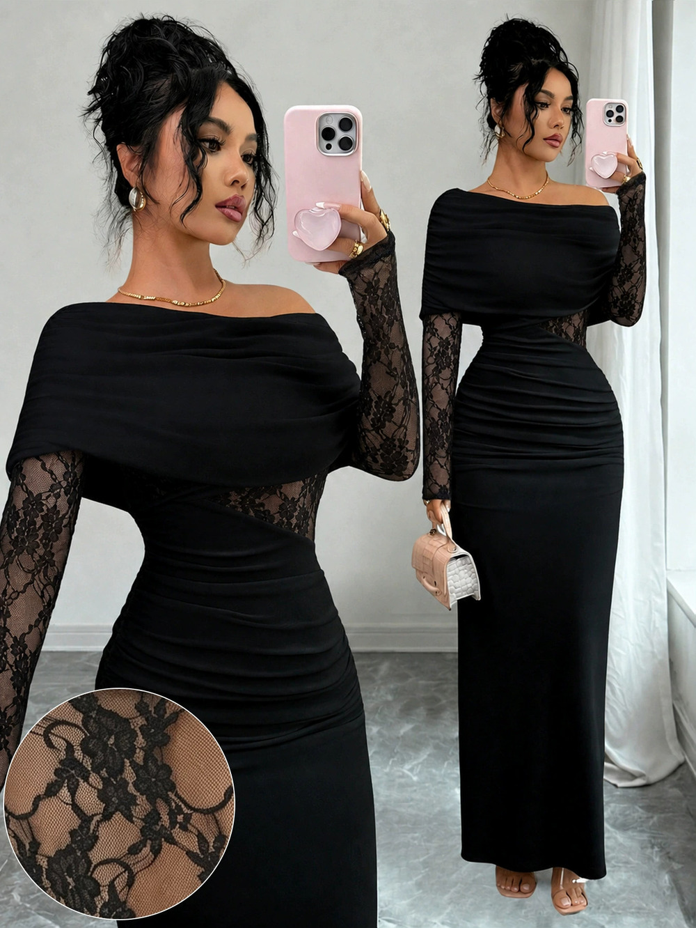 ZARA Black Off Shoulder Long Sleeve Lace Patchwork Bodycon Slimming Maxi Dress